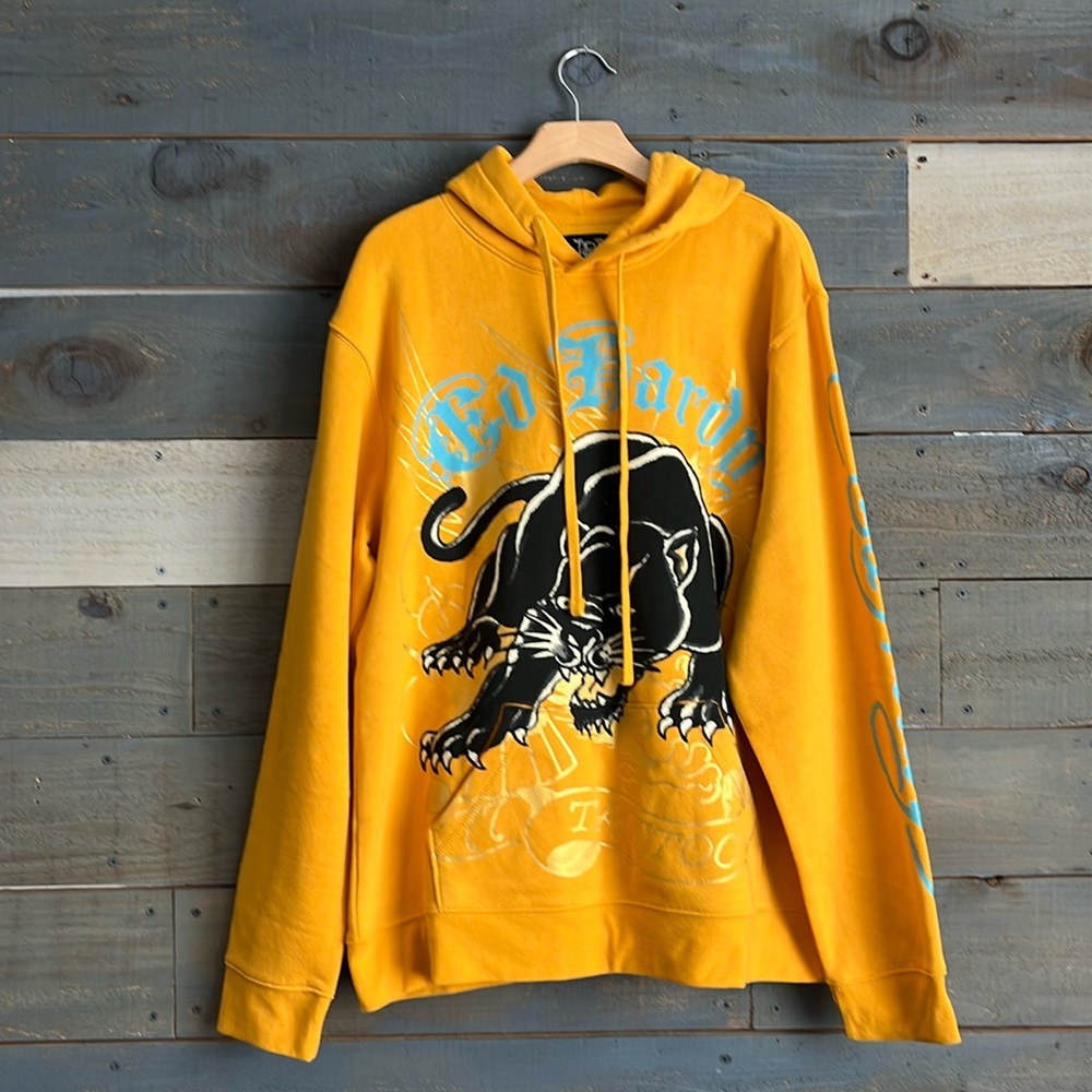 Ed Hardy mens Crouching Panther Sweatshirt Hoodie Yellow Size L